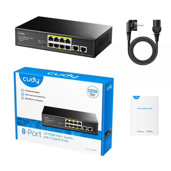 Коммутатор CUDY  FS1010P  8-Port 10/100M PoE+ Switch with 2 Uplink Ports 120W   8-Port 10/100M PSE RJ-45  +2 RJ45 10/100M Uplink Port Unmanaged PoE+ Switch 120W, CCTV/VLAN mode support, long distance:250M at CCTV mode.  802.3af/at standard, Support PD Ali