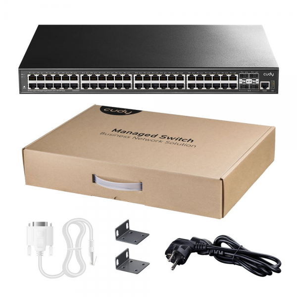 Коммутатор CUDY 48-Port Layer 3 Managed Gigabit Switch with 4 10G SFP Slots 48-Port Layer 3 Managed Gigabit Switch,48 Gigabit Ethernet ports + 4 10 Gigabit uplink SFP optical ports + 1 USB serial port + 1 console port, backplane bandwidth 176Gbps, three-l