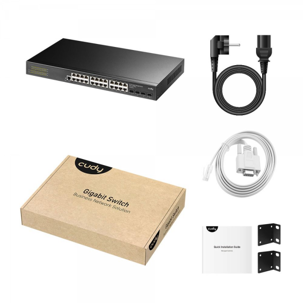 Коммутатор CUDY  GS2024S2  24-Port Layer 2 Managed Gigabit Switch with 4 Gigabit SFP Slots 24-Port Layer 2 Managed 10/100/1000M Switch, 24 Gigabit Ethernet ports + 4 Gigabit SFP ports + 1 management port, backplane bandwidth 56Gbps, Layer 2 network manage