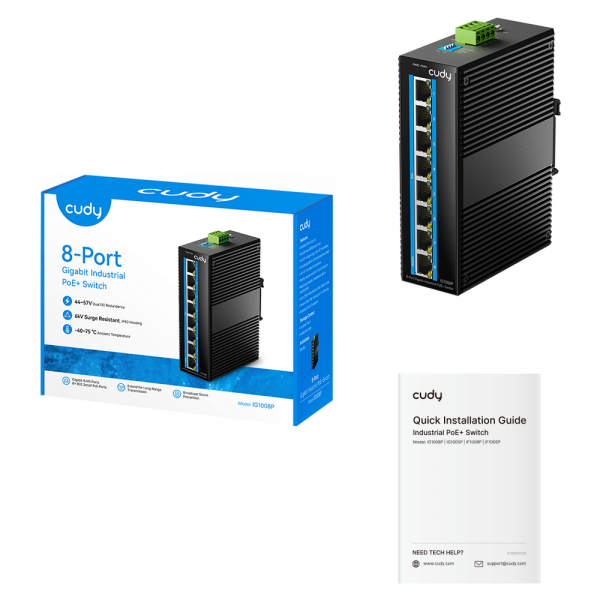 Коммутатор CUDY 8-Port Gigabit Industrial PoE Switch 8-Port Aluminum Industrial PoE Switch, 1000Mbps 8-Port RJ45, 802.3at/af, Din-rail design, Power supply: DC12~52V work temperature:-40 °C-80°C, Power Adapter Not Included