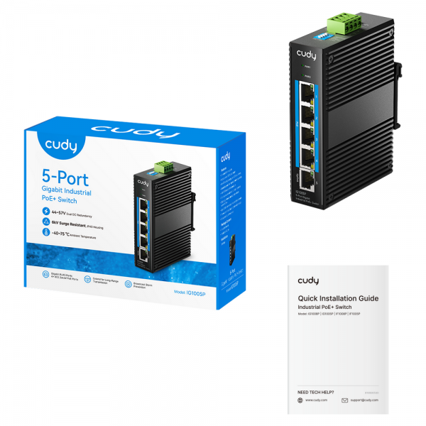 Коммутатор CUDY 5-Port Gigabit Industrial PoE Switch  5-Port Aluminum Industrial, 1000Mbps 5-Port RJ45, 802.3at/af, Din-rail design, Power supply: DC12~52V work temperature:-40 °C-80°C, Power Adapter Not Included
