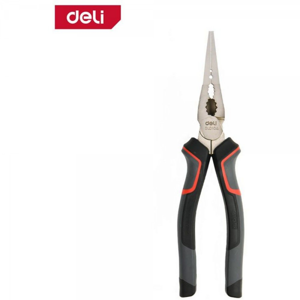 Удлиненные плоскогубцы Deli DL0104 200мм, Cr-V, эксцентриковый шарнир, антикоррозийное покрытие, трехкомпонентная прорезиненная рукоять