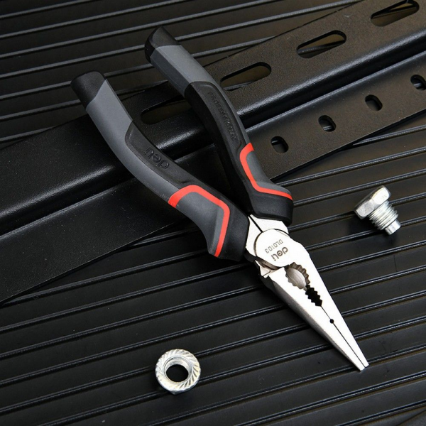 Удлиненные плоскогубцы Deli DL0104 200мм, Cr-V, эксцентриковый шарнир, антикоррозийное покрытие, трехкомпонентная прорезиненная рукоять