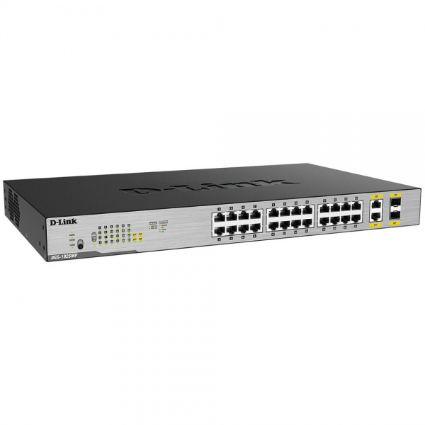 Коммутатор D-Link DGS-1026MP/B2A Неуправляемый коммутатор с 24 портами 10/100/1000Base-T, 2 комбо-портами 100/1000Base-T/SFP (24 порта PoE 802.3af/at, PoE-бюджет 370 Вт)