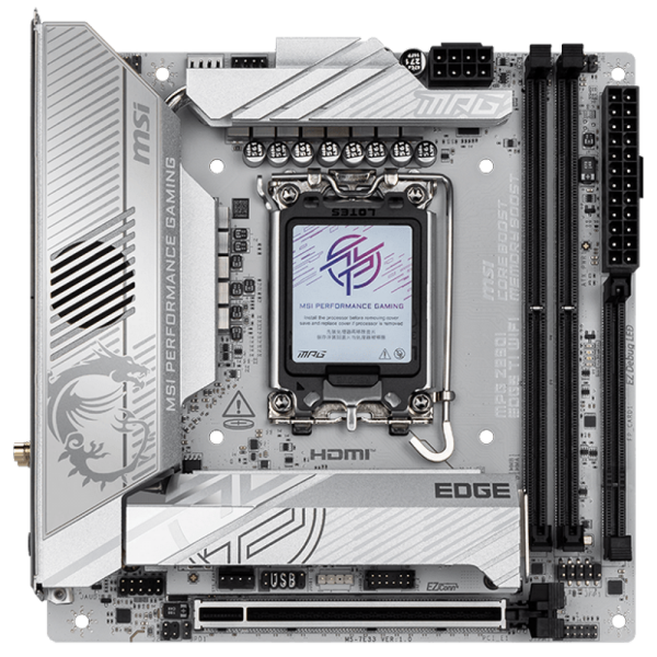 Материнская плата MSI MPG Z890I EDGE TI WIFI Z890, LGA1851, 4*DDR5, 2*PCIEx16, 1*PCIEx1, 5*M.2, 2*TypeC, 4*USB3.2Gen2, 6*USB3.2Gen1, 5*USB2.0, 4*SATA3.0, 5G, 2*Type-C(DP), HDMI, ATX, RTL
