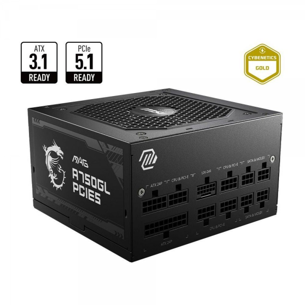 Блок питания ПК MSI MAG A750GL PCIE5 EU, 750W, Fully-Modular, 80 Plus Gold, Color Box, Pallet packing,7Y Warranty, ATX 3.1, PCIE5.1