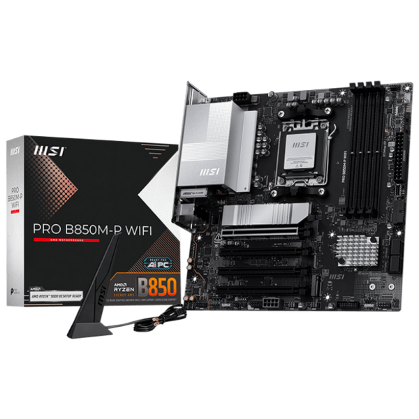 Материнская плата MSI PRO B850M-P WIFI B850, AM5, 4*DDR5, 4*PCIEx16, 3*M.2, 3*TypeC, 1*USB3.2Gen2, 5*USB3.2Gen1, 8*USB2.0, 4*SATA3.0, 5G, HDMI, ATX, RTL
