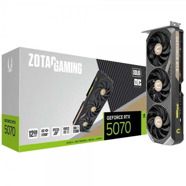 Видеокарта Zotac RTX5070 SOLID OC 12GB GDDR7 192bit 3xDP HDMI 3FAN PREMIUM PACK