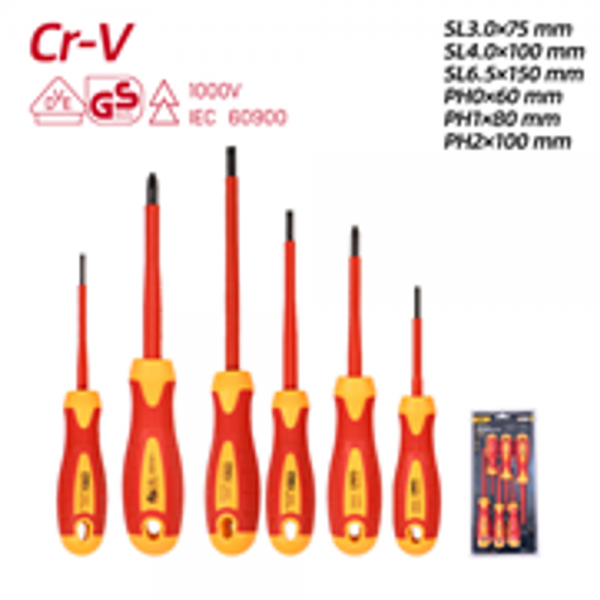 Набор отверток диэлектрических DL510006T (SL3x75, SL4x100, SL6,5*150, PH0x60, PH1x80, PH2x100), сталь Cr-V, сертификат VDE для работ под напряжением до 1000 В