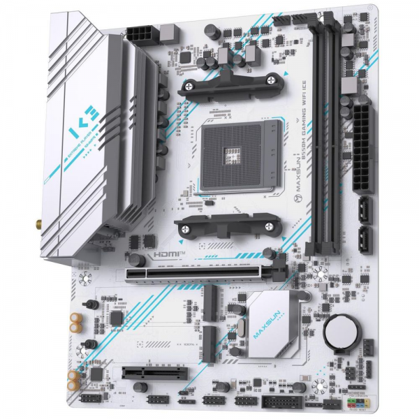 Материнская плата Maxsun MS-B550M GAMING WIFI ICE B550, AM4, 2*DDR4, 1*PCIEx16, 1*PCIEx4, 1*PCIEx1, 2*M.2, 4*USB3.2Gen1, 6*USB2.0, 2*SATA3.0, 1G, DP, HDMI, M-ATX, RTL