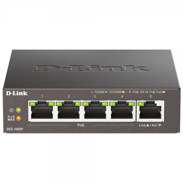 Коммутатор D-Link DGS-1005P/B3A с 5 портами 10/100/1000Base-T (4 порта PoE 802.3af/at, PoE‑бюджет 60 Вт)