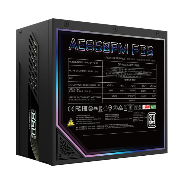 Блок питания ПК Gigabyte AE850PM PG5 850W, 80Plus, Platinum, Полностью модульный, PCIe Gen 5.1, ATX 3.0 compatible.