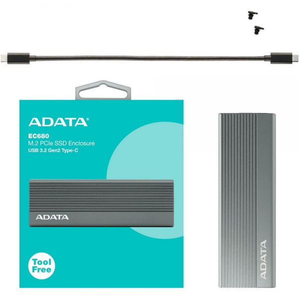Корпус для HDD/SSD  M.2 ADATA External SSD Enclosure EC680 USB 3.2 Gen2, NVMe/SATA, RGB, Titanium Grey, RTL