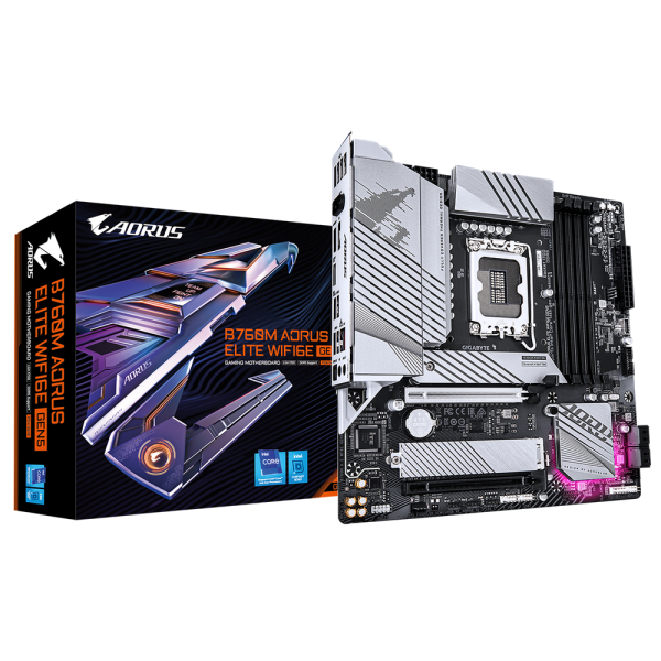Материнская плата Gigabyte B760M AORUS ELITE WIFI6E GEN5, Socket 1700, Intel®B760, 4xDDR5-4800, HDMI+DP, 2xPCI-Ex16, 4xSATA3(RAID 0/1/5/10), 2xM.2, 8Ch Audio, 1x2.5GLan, WiFi, (4+4)xUSB2.0, (4+2)xUSB3.2, (1+1)xUSB3.2 Type-C™, mATX, RTL