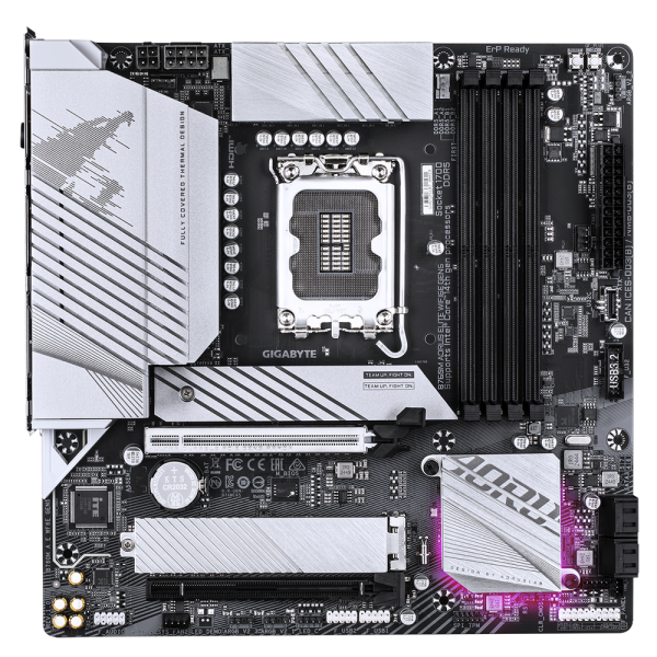 Материнская плата Gigabyte B760M AORUS ELITE WIFI6E GEN5, Socket 1700, Intel®B760, 4xDDR5-4800, HDMI+DP, 2xPCI-Ex16, 4xSATA3(RAID 0/1/5/10), 2xM.2, 8Ch Audio, 1x2.5GLan, WiFi, (4+4)xUSB2.0, (4+2)xUSB3.2, (1+1)xUSB3.2 Type-C™, mATX, RTL