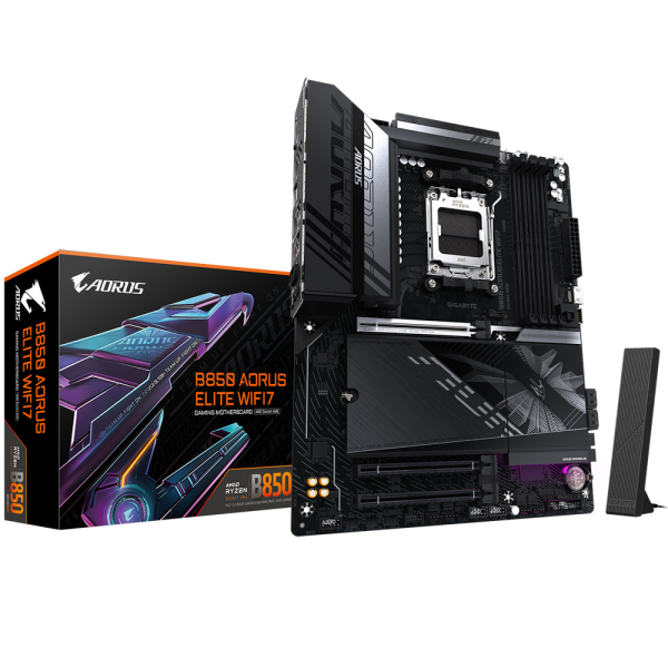 Материнская плата Gigabyte B850 AORUS ELITE WIFI7, Socket AM5, AMD B850, 4xDDR5-5200, HDMI+DP, 3xPCI-Ex16, 4xSATA3(RAID 0/1/10), 3xM.2, 8 Ch Audio, 1x2,5GLan, WiFi, (4+4)xUSB2.0, (7+2)xUSB3.2, (1+1)xUSB Type-C™, 1xPS/2, ATX, RTL