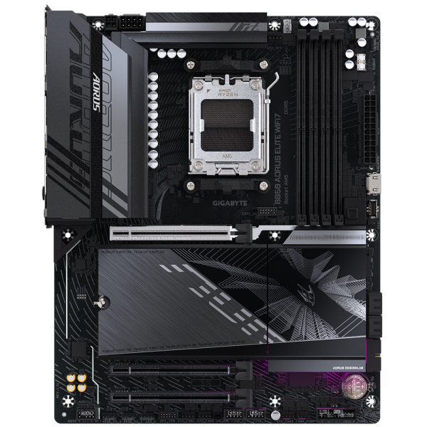 Материнская плата Gigabyte B850 AORUS ELITE WIFI7, Socket AM5, AMD B850, 4xDDR5-5200, HDMI+DP, 3xPCI-Ex16, 4xSATA3(RAID 0/1/10), 3xM.2, 8 Ch Audio, 1x2,5GLan, WiFi, (4+4)xUSB2.0, (7+2)xUSB3.2, (1+1)xUSB Type-C™, 1xPS/2, ATX, RTL