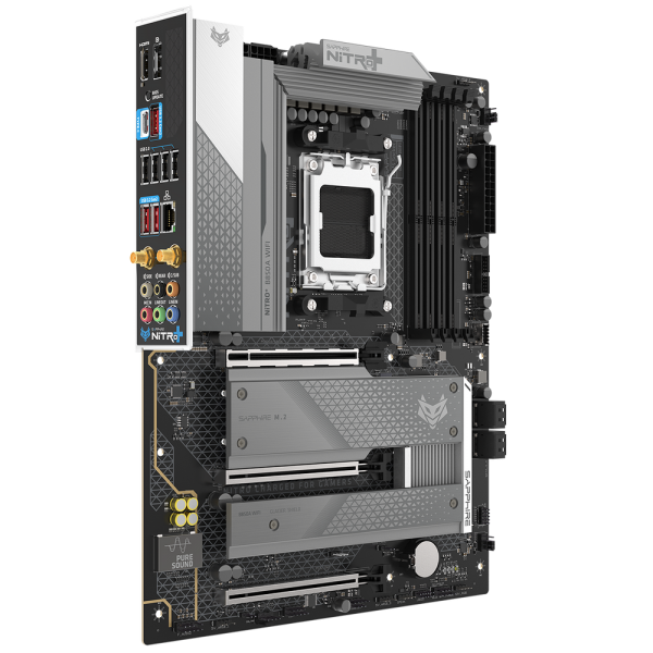 Материнская плата Sapphire B850A NITRO+ WIFI7 B850, AM5, 4*DDR5, 3*PCIEx16, 3*M.2, 2*TypeC, 3*USB3.2Gen2, 2*USB3.2Gen1, 6*USB2.0, 4*SATA3.0, 2.5G, DP, HDMI, ATX, RTL
