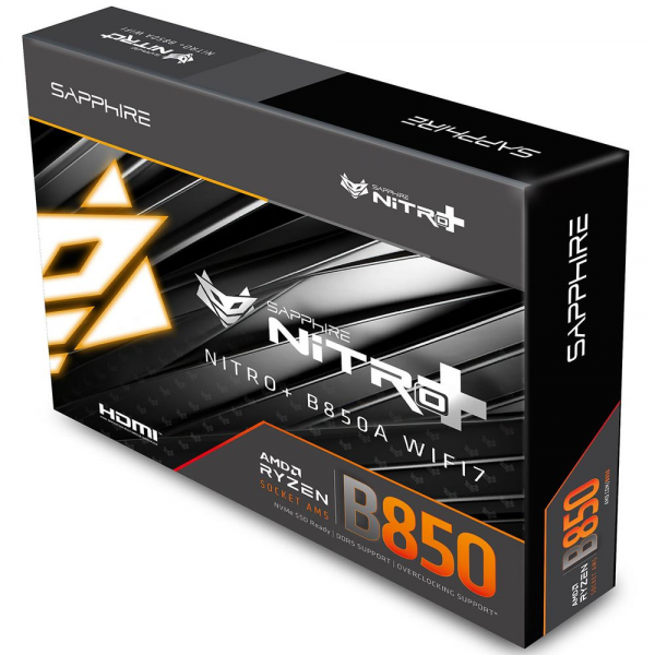 Материнская плата Sapphire B850A NITRO+ WIFI7 B850, AM5, 4*DDR5, 3*PCIEx16, 3*M.2, 2*TypeC, 3*USB3.2Gen2, 2*USB3.2Gen1, 6*USB2.0, 4*SATA3.0, 2.5G, DP, HDMI, ATX, RTL
