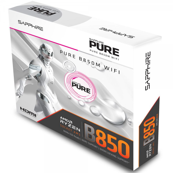 Материнская плата Sapphire B850M PURE WIFI B850, AM5, 4*DDR5, 2*PCIEx16, 2*M.2, 2*TypeC, 3*USB3.2Gen2, 2*USB3.2Gen1, 6*USB2.0, 4*SATA3.0, 2.5G, DP, HDMI, M-ATX, RTL