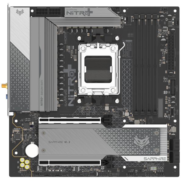Материнская плата Sapphire B850M NITRO+ WIFI B850, AM5, 4*DDR5, 2*PCIEx16, 2*M.2, 2*TypeC, 3*USB3.2Gen2, 2*USB3.2Gen1, 6*USB2.0, 4*SATA3.0, 2.5G, DP, HDMI, M-ATX, RTL