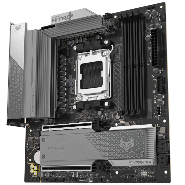 Материнская плата Sapphire B850M NITRO+ WIFI B850, AM5, 4*DDR5, 2*PCIEx16, 2*M.2, 2*TypeC, 3*USB3.2Gen2, 2*USB3.2Gen1, 6*USB2.0, 4*SATA3.0, 2.5G, DP, HDMI, M-ATX, RTL
