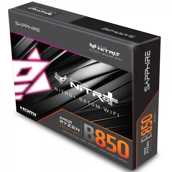 Материнская плата Sapphire B850M NITRO+ WIFI B850, AM5, 4*DDR5, 2*PCIEx16, 2*M.2, 2*TypeC, 3*USB3.2Gen2, 2*USB3.2Gen1, 6*USB2.0, 4*SATA3.0, 2.5G, DP, HDMI, M-ATX, RTL
