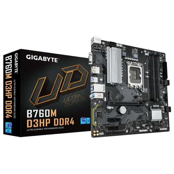 Материнская плата Gigabyte Bad Pack B760M D3HP DDR4, Socket 1700, Intel®B760, 4xDDR4-3200, D-SUB+HDMI+DP, 1xPCI-Ex16, 2xPCI-Ex1, 4xSATA3(RAID 0/1/5/10), 2xM.2, 8Ch Audio, GLan, (2+4)xUSB2.0, (3+2)xUSB3.2, (0+1)xUSB3.2 Type-C™, 1xPS/2, ATX, RTL bp
