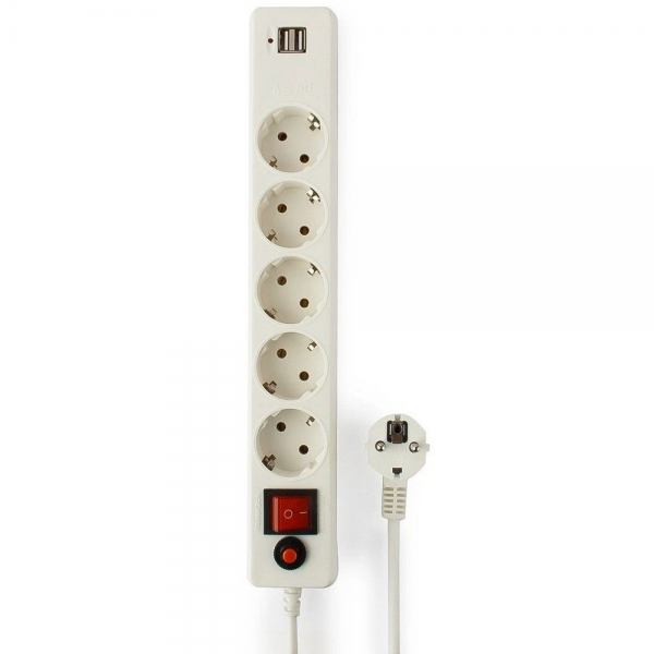 Сетевой фильтр Гарнизон ECL-5-U2-W-1.8 белый, 2 розетки USB A (12 Вт Max), 5 розеток Schuko (евро), 10А, 1,8м, ур.защиты 4, пакет