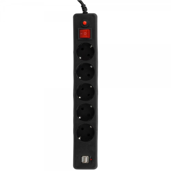Сетевой фильтр Гарнизон ECL-5-U2-B-1.8 черный, 2 розетки USB A (12 Вт Max), 5 розеток Schuko (евро), 10А, 1,8м, ур.защиты 4, пакет