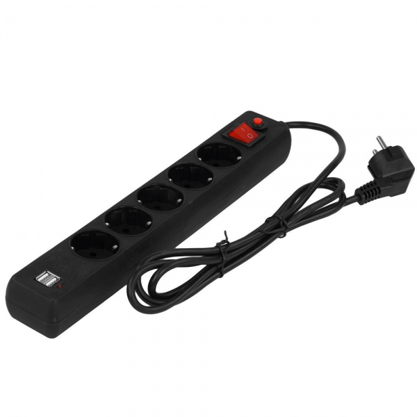 Сетевой фильтр Гарнизон ECL-5-U2-B-1.8 черный, 2 розетки USB A (12 Вт Max), 5 розеток Schuko (евро), 10А, 1,8м, ур.защиты 4, пакет