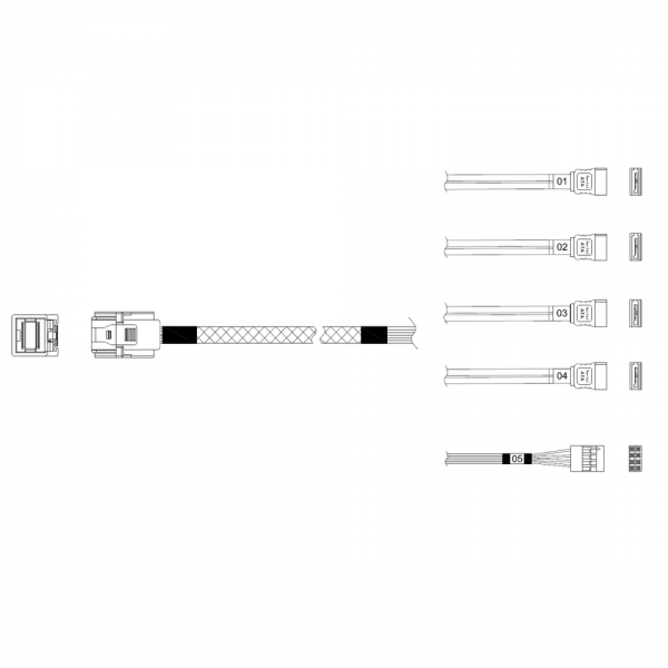 Кабель Miradeed  MD-6715031, HDmSAS SFF8643 -to- 4*SATA + SideBand, 12G, 85 Ohm, 80cm