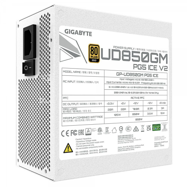 Блок питания ПК Gigabyte UD850GM PG5 ICE 850W, 80Plus, Gold, Полностью модульный, White colour