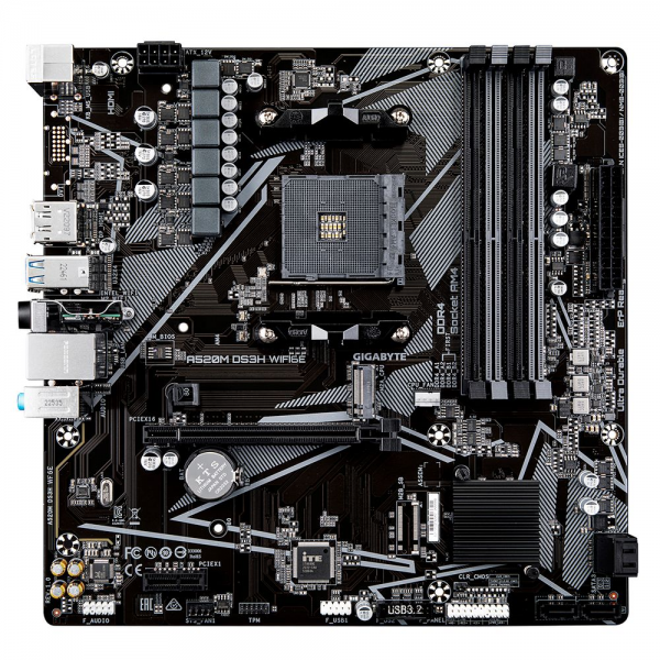 Материнская плата Gigabyte A520M DS3H WF6E A520, AM4, 4xDDR4, 1_PCI-Ex16,4_M.2, 6_USB3.2Gen1, 8_USB2.0, 4*SATA3.0, 1G, DP, HDMI, ATX, RTL