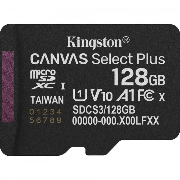 Карта памяти Kingston microSDXC 128GB Canvas Select Plus Memory Card SDCS3/128GBSP UHS-I U1 Class 10/V10/A1, w/o Adapter, 150Mb/s, RTL