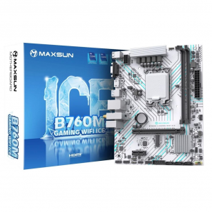 Материнская плата Maxsun MS-B760M GAMING WIFI ICE B760, LGA1700, 2*DDR4, 1*PCIEx16, 1*PCIEx1, 1*M.2, 4*USB3.2Gen1, 6*USB2.0, 3*SATA3.0, 1G, VGA, HDMI, M-ATX, RTL