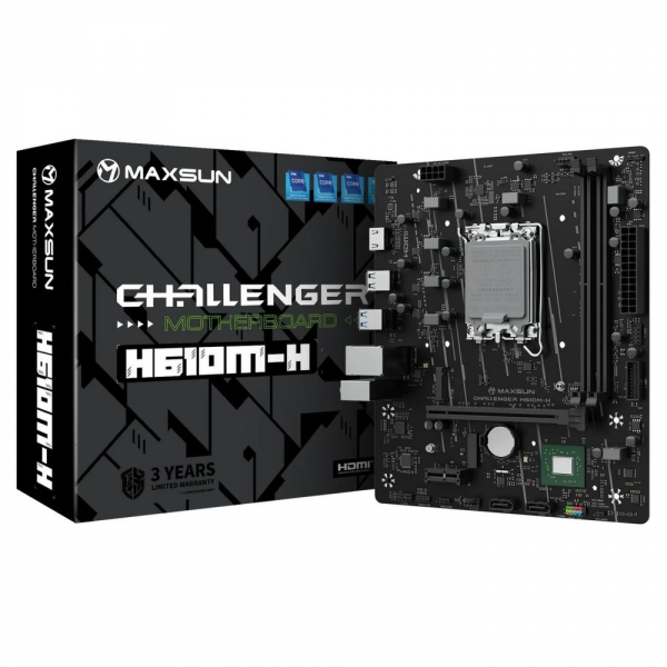 Материнская плата Maxsun MS-Challenger H610M-H V1 H610, LGA1700, 2*DDR4, 1*PCIEx16, 1*PCIEx1, 1*M.2, 4*USB3.2Gen1, 6*USB2.0, 2*SATA3.0, 1G, HDMI, M-ATX, RTL