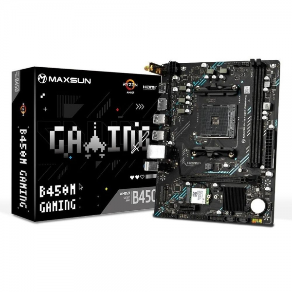 Материнская плата Maxsun MS-B450M GAMING WIFI B450, AM4, 2*DDR4, 1*PCIEx16, 1*PCIEx1, 1*M.2, 6*USB3.2 Gen1, 4*USB2.0, 2*SATA3.0, 1G, DP, HDMI, M-ATX, RTL