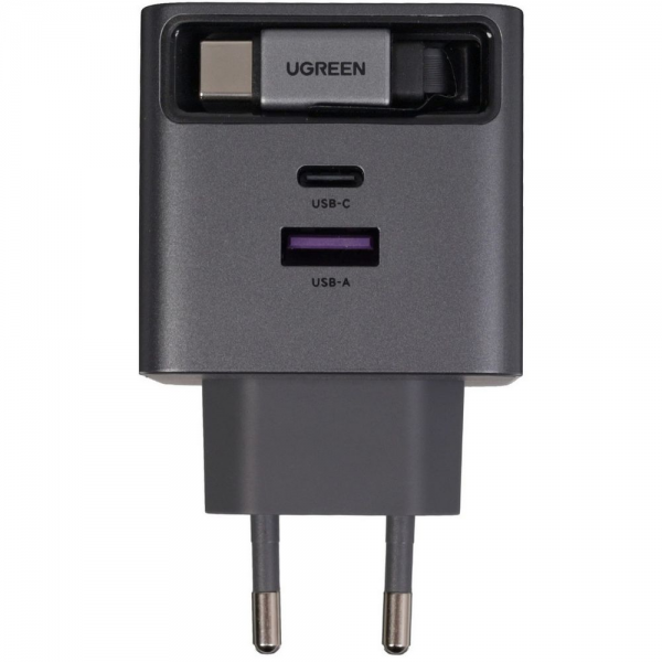 Сетевое зарядное устройство с выдвижным кабелем UGREEN X614 (65822) 45W GaN Fast Charger USB-C&USB-A with Retractable Cable USB-C. Цвет: серый космос