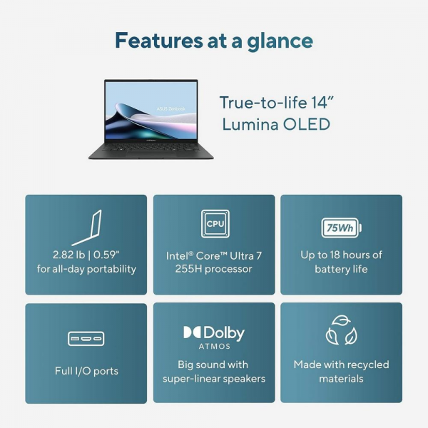 Ноутбук ASUS Zenbook 14 UX3405CA-U7512 Intel Core Ultra 7 255H/16Gb (soldered D5)/SSD512Gb/UMA/14