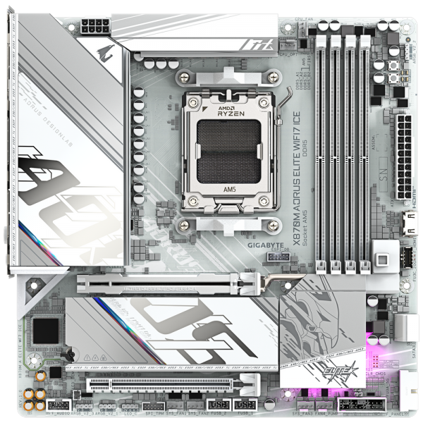 Материнская плата Gigabyte X870M AORUS ELITE WIFI7 ICE X870, AM5, 4*DDR5, 2*PCIEx16, 2*M.2, 1*TypeC, 2*USB3.2Gen2, 6*USB3.2Gen1, 8*USB2.0, 2*SATA3.0, 2.5G, 2*TypeC(DP), HDMI, M-ATX, RTL