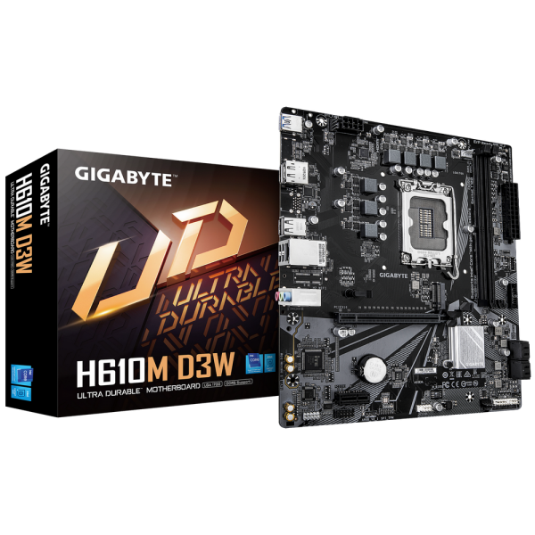 Материнская плата Gigabyte H610M D3W H610, LGA1700, 2*DDR5, 1*PCIEx16, 1*PCIEx1, 1*M.2, 1*TypeC, 3*USB3.2Gen1, 7*USB2.0, 4*SATA3.0, 1G, DP, HDMI, M-ATX, RTL