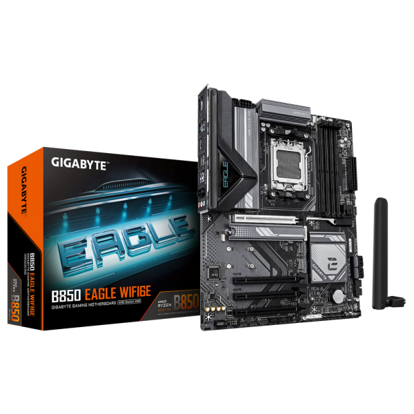 Материнская плата Gigabyte B850 EAGLE WIFI6E B850, AM5, 4*DDR5, 4*PCIEx16, 2*M.2, 2*TypeC, 2*USB3.2Gen2, 4*USB3.2Gen1, 8*USB2.0, 4*SATA3.0, 1G, DP, HDMI, ATX, RTL