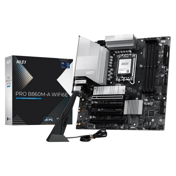 Материнская плата MSI PRO B860M-A WIFI6E B860, LGA1851, 4*DDR5, 4*PCIEx16, 3*M.2, 2*TypeC, 1*USB3.2Gen2, 6*USB3.2Gen1, 6*USB2.0, 4*SATA3.0, 5G, Type-C(DP), DP, HDMI, M-ATX, RTL