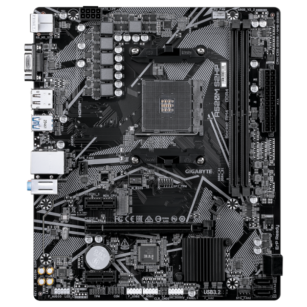 Материнская плата Gigabyte A520M S2HP A520, AM4, 2*DDR4, 1*PCIEx16, 2*PCIEx1, 1*M.2, 6*USB3.2Gen1, 8*USB2.0, 4*SATA3.0, 1G, VGA, DP, HDMI, M-ATX, RTL