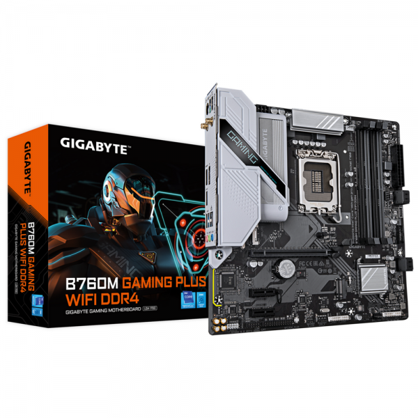 Материнская плата Gigabyte Bad Pack B760M GAMING PLUS WIFI DDR4, Socket 1700, Intel®B760, 2xDDR4-3200, HDMI+DP, 1xPCI-Ex16, 2xPCI-Ex1, 4xSATA3(RAID 0/1/5/10), 2xM.2, 8Ch Audio, GLan, WiFi, (4+4)xUSB2.0, (3+2)xUSB3.2, (0+1)xUSB3.2 Type-C™, 1xPS/2, mATX, RT