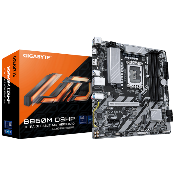 Материнская плата Gigabyte Bad Pack B860M D3HP, Socket 1851, Intel®B860, 4xDDR5-6400, HDMI+DP, 1xPCI-Ex16, 2xPCI-Ex1, 4xSATA3(RAID 0/1/5/10), 2xM.2, 8Ch Audio, GLan, (2+4)xUSB2.0, (3+2)xUSB3.2, (0+1)xUSB Type-C™, 1xPS/2, mATX, RTL bp