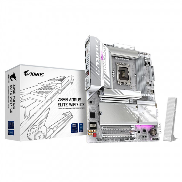 Материнская плата Gigabyte Bad Pack Z890 AORUS ELITE WIFI7 ICE, Socket 1851, Intel®Z890, 4xDDR5-6400, DP, 3xPCI-Ex16, 4xSATA3(RAID 0/1/5/10), 4xM.2, 8Ch Audio, 1x2.5GbLan, WiFi, (4+4)xUSB2.0, (5+2)xUSB3.2, (1+1)xUSB Type-C™, ATX, RTL bp