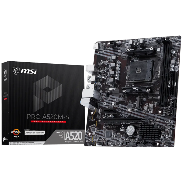 Материнская плата MSI PRO A520M-S A520M, AM4, 2*DDR4, 1*PCIEx16, 1*PCIEx1, 1*M.2, 2*TypeC, 2*USB3.2Gen2, 6*USB3.2Gen1, 6*USB2.0, 4*SATA3.0, 1G, HDMI, M-ATX, RTL