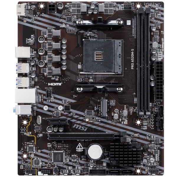 Материнская плата MSI PRO A520M-S A520M, AM4, 2*DDR4, 1*PCIEx16, 1*PCIEx1, 1*M.2, 2*TypeC, 2*USB3.2Gen2, 6*USB3.2Gen1, 6*USB2.0, 4*SATA3.0, 1G, HDMI, M-ATX, RTL